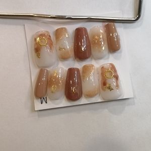 Amber Cream tan beige long white gel press on nails